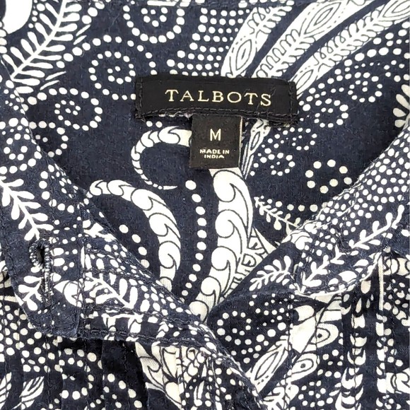 Talbots Womens Medium Navy Blue White Paisley Cotton Pleated Tunic Top Blouse - Picture 3 of 10